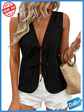 Women's Eyelet Lace Tie Front Vest Top Sleeveless V Neck Tank Boho Summer White